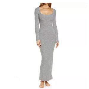 SKIMS Medium Heathered Gray Ribbed Soft Lounge Long Sleeve Maxi Dress